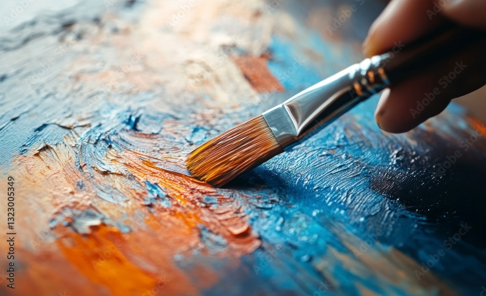 Fototapeta premium Painting with Brush on Canvas Creating Abstract Artwork with Textured Paint