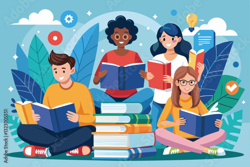 Four students are reading various books online, surrounded by colorful plants and educational elements, students read books on the internet
