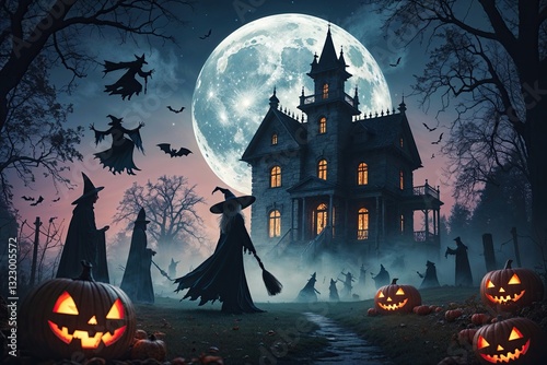 Haunting October Night with Eerie Shadows Witches Spirits and Sinister Castle for Spooky Festival Banner Featuring Ghostly Witch from Haunted Mansion Under Blood Moon photo