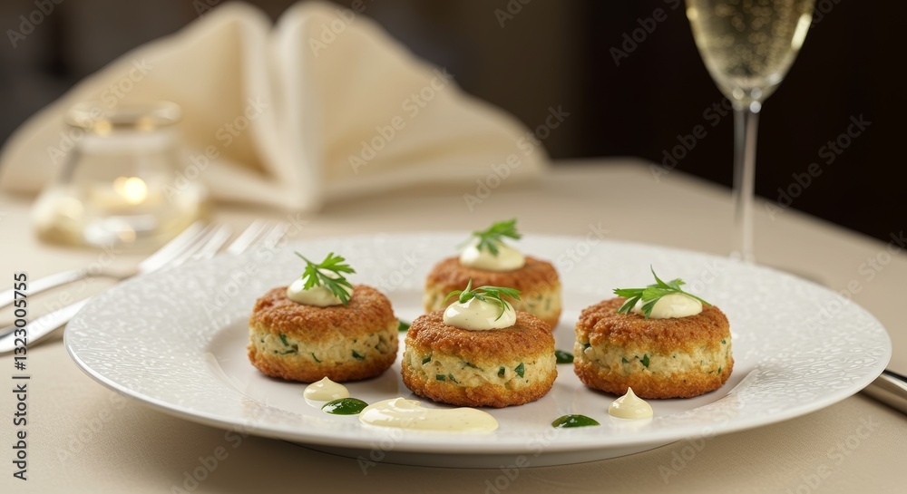 Gourmet Cakes in a Fine Dining Setting: Exquisite cakes with an appealing texture and fresh, vibrant garnish, beautifully arranged on an elegant plate, accompanied by a sparkling glass. Gourmet Cakes in a Fine Dining Setting: Exquisite cakes with an appealing texture and fresh, vibrant garnish, beautifully arranged on an elegant plate, accompanied by a sparkling glass.