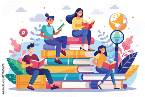 Students are sitting on stacks of books, deeply engaged in reading and learning in a colorful setting, students sit on piles of books and read in search of knowledge