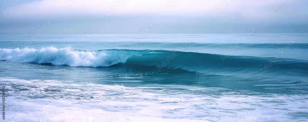 Fototapeta premium Seascape abstract background concept. A serene ocean wave gently rolls onto a tranquil sandy shore at sunrise.