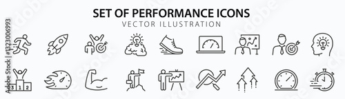 Performance web icons in line style. Speed, improvements, charts, boost, power, collection. Vector illustration.