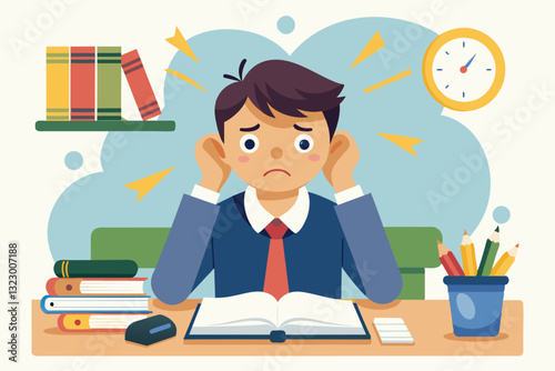 A student looks overwhelmed with stress while studying at a desk surrounded by books and stationery, Student stress Customizable Cartoon Illustration