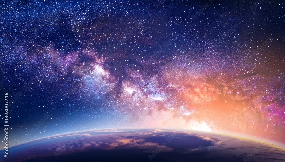 Obraz premium abstract dreamy background wallpaper template of outer space planet land nebula sparkling stars stardust galaxy universe astro cosmos milky way panorama night sky fantasy colorful tone 16 9