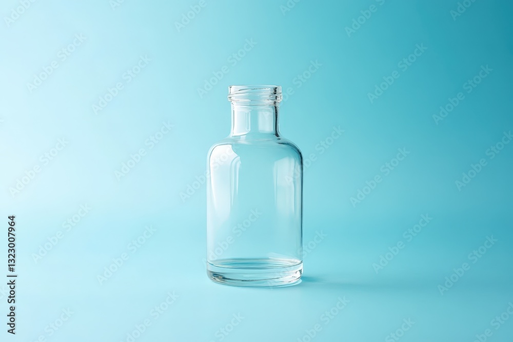 A single transparent glass bottle stands against a blue background A single transparent glass bottle stands against a blue background