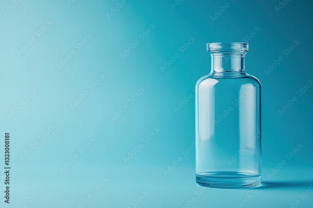 A clear glass bottle is resting on a turquoise background A clear glass bottle is resting on a turquoise background