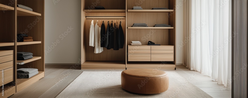 Fototapeta premium Modern minimalist wardrobe design with open shelving and soft sunlight illuminating a cozy interior space