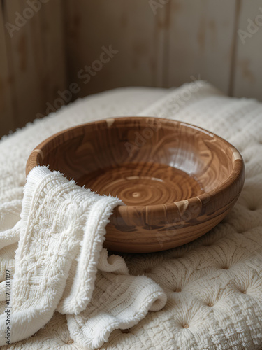 A beautifully crafted wooden foot-washing bowl rests on a soft surface, accompanied by a gentle towel, inviting reflection on humility and the tradition of service photo