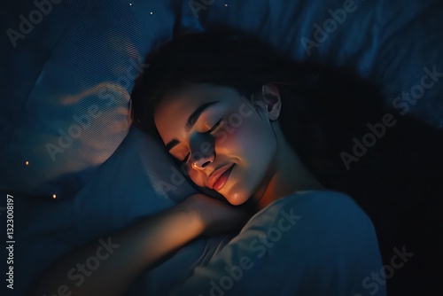 A peaceful night scene from above, showing a woman sleeping comfortably with a gentle smile on her face.