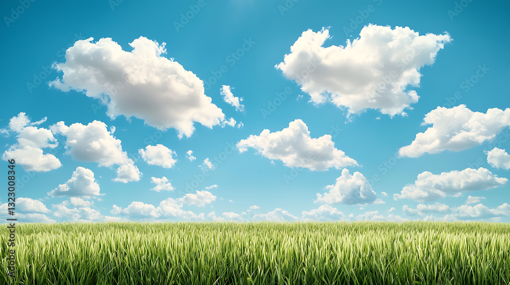 Obraz premium Green energy innovation. Lush green grass under bright blue sky with fluffy white clouds