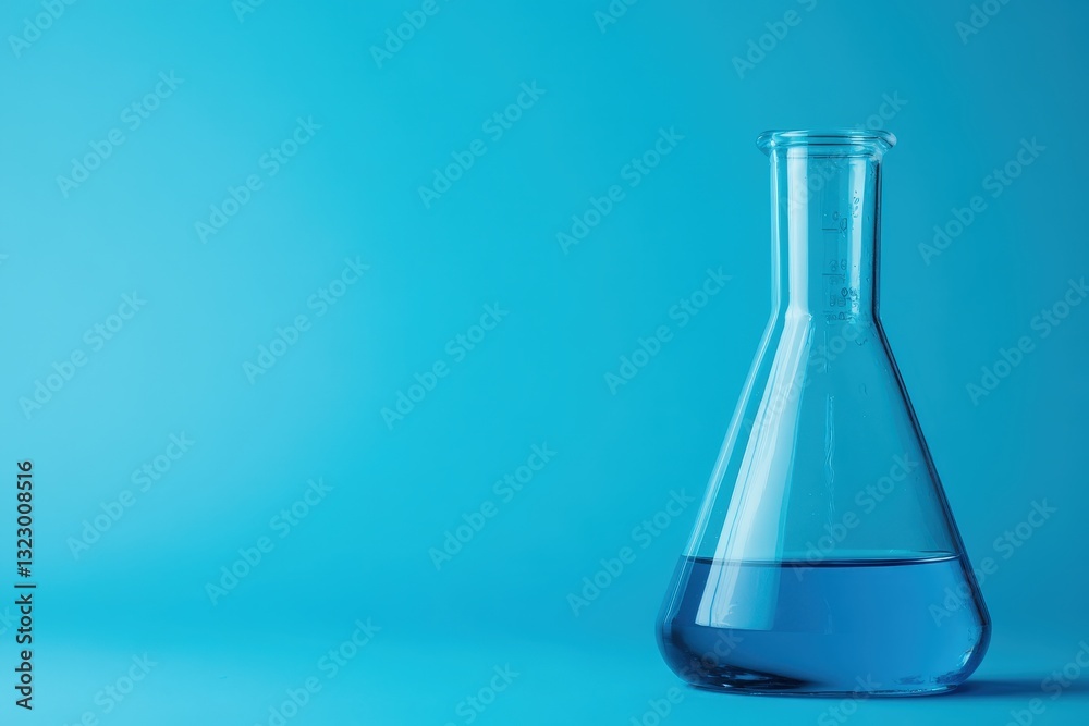 A laboratory flask with blue liquid against a solid backdrop A laboratory flask with blue liquid against a solid backdrop