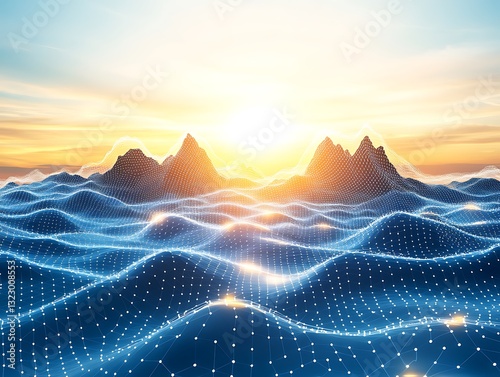 Digital illustration of data technological design hills and surface with background of sunlight and blue sky above