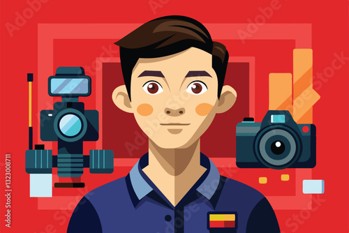 A studio photographer engages with diverse cameras, showcasing customizable gear for creative shoots, Studio photographer Customizable Disproportionate Illustration