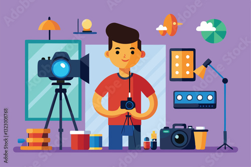 A photographer stands confidently in a vibrant studio, surrounded by lighting equipment and props, Studio photographer Customizable Flat Illustration