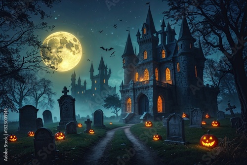 Spooky Night Adventure from Haunted Graveyard to Enchanted Castle with Glowing Moon and Wandering Spirits