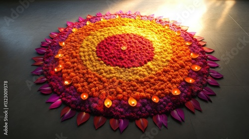 Grand Diwali an intricate floral rangoli with bright petals and flickering diyas.