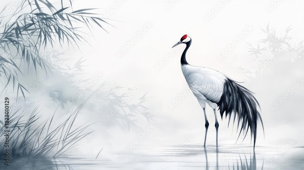 Fototapeta premium Ink illustration abstract background concept. An elegant crane stands gracefully in a misty landscape, symbolizing tranquility and beauty.