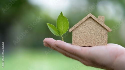 Hand Holding Small House Model with Green Leaf on Blurred Natural Background for Eco-Friendly Concepts