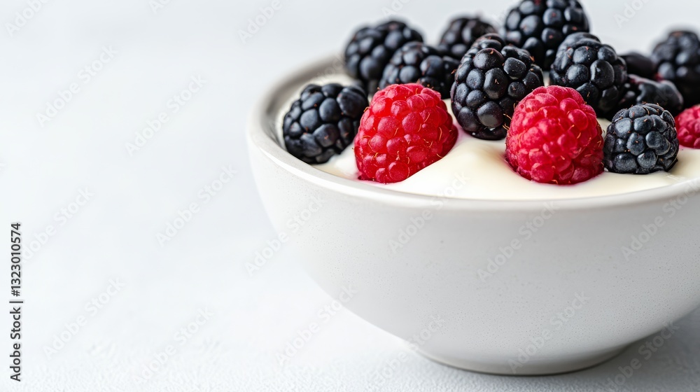 A bowl of Greek yogurt with fresh berries and honey in a light, modern setting. A bowl of Greek yogurt with fresh berries and honey in a light, modern setting.