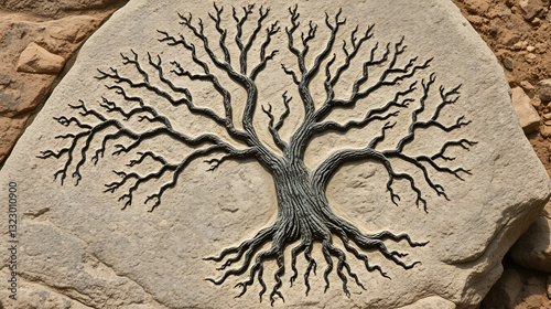 Ancient tree fossilized in stone, roots still visible, ancientlife, sedimentary