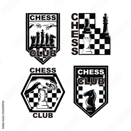 Chess Logo Symbol Silhouette Black and White Vector Badge Set Collection