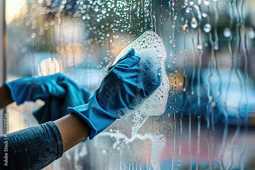 Wallpaper Mural Close-up of cleaning gloves washing a glass surface with soap bubbles Torontodigital.ca