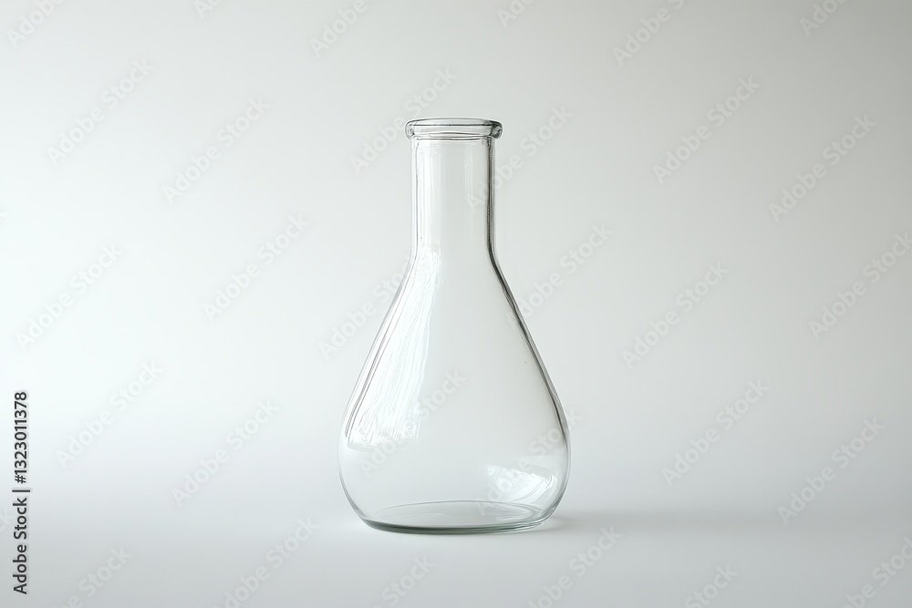 A clear laboratory flask is shown on a white surface A clear laboratory flask is shown on a white surface