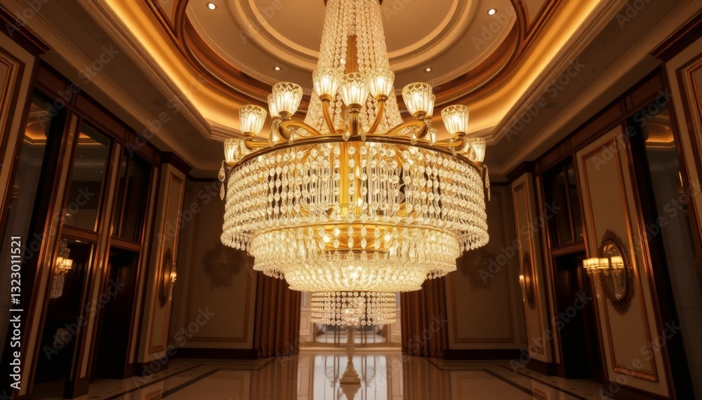Obraz premium Elegant Crystal Chandelier Illuminates Grand Hallway in Luxurious Interior Design