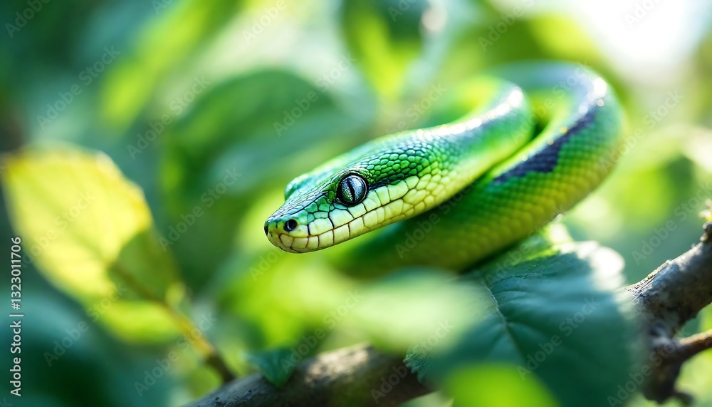 Green Snake Coiled on Branch Among Leaves in Natural Setting Green Snake Coiled on Branch Among Leaves in Natural Setting
