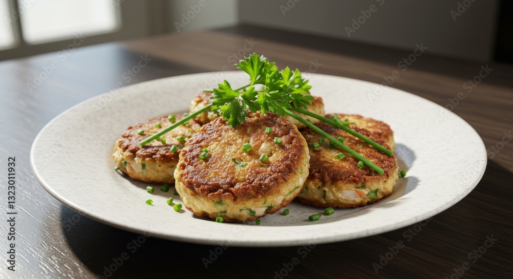 Golden-Crusted Crab Cakes: A close-up shot of delectable, golden-brown crab cakes artfully arranged on a pristine, white plate, garnished with vibrant green herbs. Golden-Crusted Crab Cakes: A close-up shot of delectable, golden-brown crab cakes artfully arranged on a pristine, white plate, garnished with vibrant green herbs.