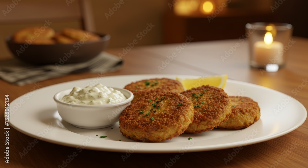 Crab Cakes on the Table: A mouthwatering close-up showcases golden-brown crab cakes on a white plate, served with a creamy dipping sauce and a lemon wedge, all set against a warm, inviting ambiance. Crab Cakes on the Table: A mouthwatering close-up showcases golden-brown crab cakes on a white plate, served with a creamy dipping sauce and a lemon wedge, all set against a warm, inviting ambiance.