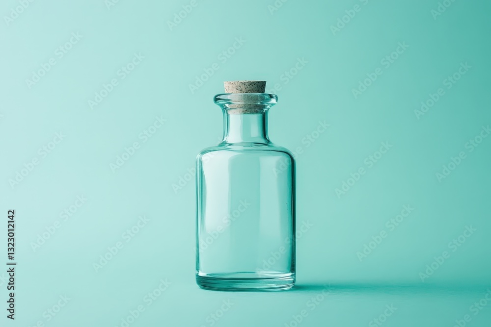A clear glass bottle is sealed with a natural cork stopper A clear glass bottle is sealed with a natural cork stopper