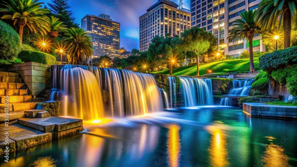 Fototapeta premium San Francisco Downtown Waterfall Motion Blur, Low Light Photography, Urban Park, Night Scene, Water Feature