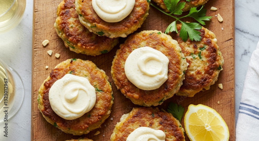 Crab Cakes Feast: Delightful, golden-brown crab cakes are meticulously arranged on a wooden cutting board, crowned with a dollop of creamy sauce and garnished with parsley and lemon. Crab Cakes Feast: Delightful, golden-brown crab cakes are meticulously arranged on a wooden cutting board, crowned with a dollop of creamy sauce and garnished with parsley and lemon.