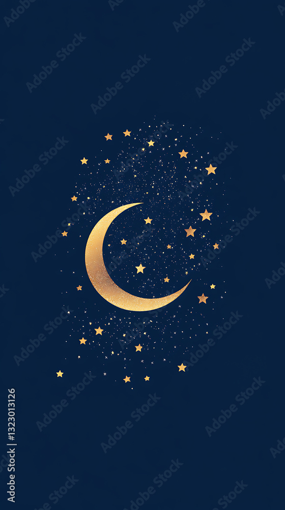 Naklejka premium Golden Crescent Moon and Stars on Dark Blue Night Sky
