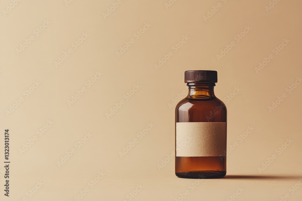 Obraz premium A brown glass bottle with a label against a warm beige background