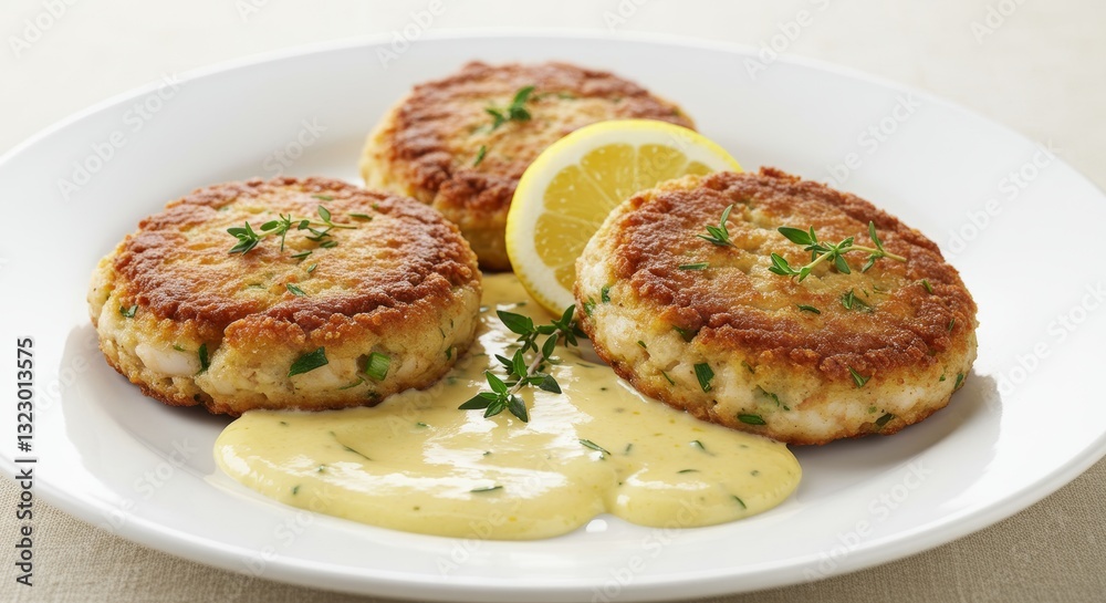 Golden Crab Cakes: A delectable close-up showcases three perfectly browned crab cakes, arranged on a pristine plate, with a vibrant lemon wedge and creamy sauce. Golden Crab Cakes: A delectable close-up showcases three perfectly browned crab cakes, arranged on a pristine plate, with a vibrant lemon wedge and creamy sauce.
