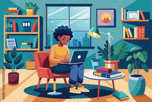 A young individual focuses on their laptop while studying in a brightly lit living room filled with books, study in the living room