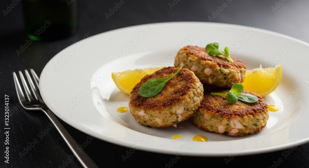 Exquisite Culinary Delight: Three meticulously crafted crab cakes, accompanied by vibrant lemon wedges and fresh herbs, presented on a pristine white plate, epitomizing gourmet dining Exquisite Culinary Delight: Three meticulously crafted crab cakes, accompanied by vibrant lemon wedges and fresh herbs, presented on a pristine white plate, epitomizing gourmet dining