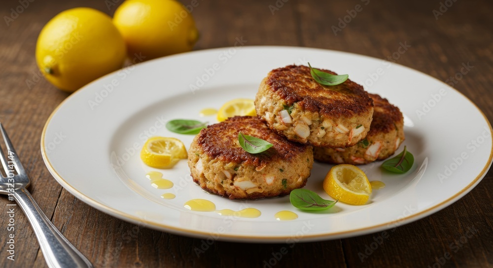 Culinary Delight: A close-up shot of golden-brown crab cakes, artfully arranged on a pristine plate, garnished with fresh basil leaves and lemon slices, offering a delicious food experience. Culinary Delight: A close-up shot of golden-brown crab cakes, artfully arranged on a pristine plate, garnished with fresh basil leaves and lemon slices, offering a delicious food experience.