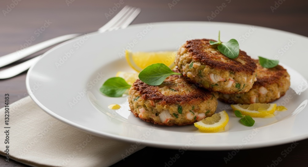 Delectable Crab Cakes: A trio of golden-brown crab cakes are artfully presented on a pristine white plate, adorned with zesty lemon wedges and fresh herbs, promising a culinary delight Delectable Crab Cakes: A trio of golden-brown crab cakes are artfully presented on a pristine white plate, adorned with zesty lemon wedges and fresh herbs, promising a culinary delight