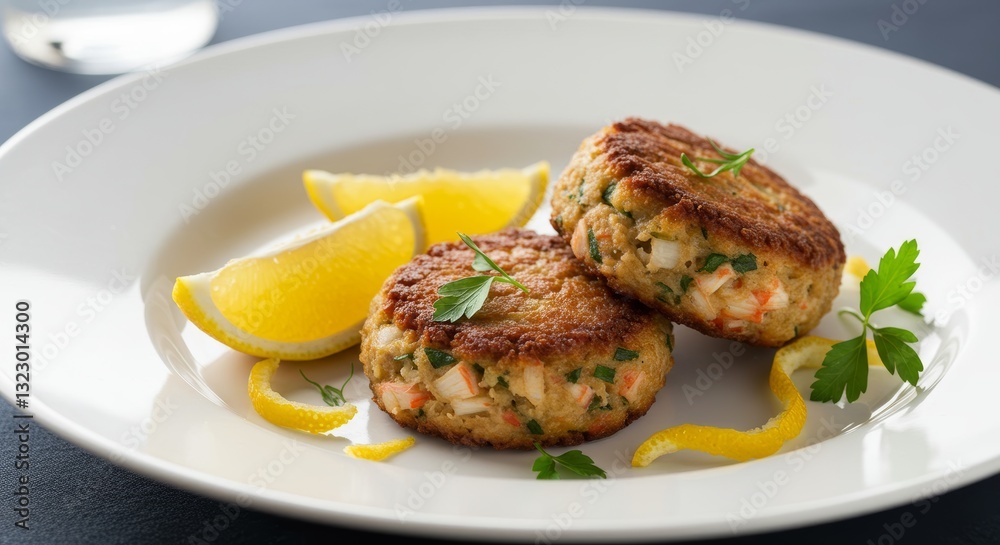 Golden Crab Cakes with Lemon: Culinary delight: Two succulent crab cakes are elegantly arranged on a pristine white plate, garnished with vibrant lemon wedges and delicate herbs. Golden Crab Cakes with Lemon: Culinary delight: Two succulent crab cakes are elegantly arranged on a pristine white plate, garnished with vibrant lemon wedges and delicate herbs.