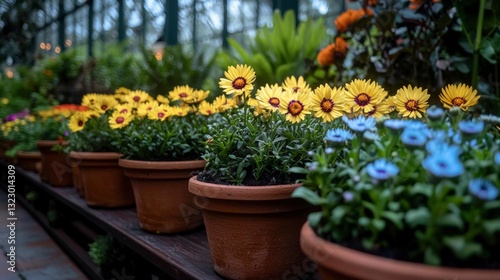 Wallpaper Mural Vibrant Greenhouse Flowers  Colorful Potted Blooms  Terracotta Pots  Close up Torontodigital.ca
