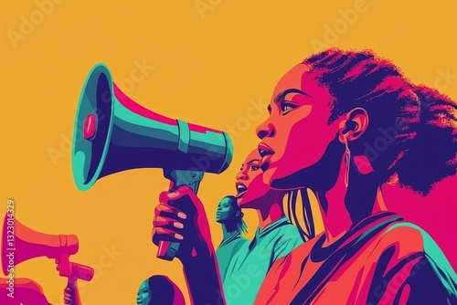 Megaphone, freedom or women equality protest for global change, gender equality or black woman speaker fight for support. Crowd poster banner, city speech or human rights rally by justice