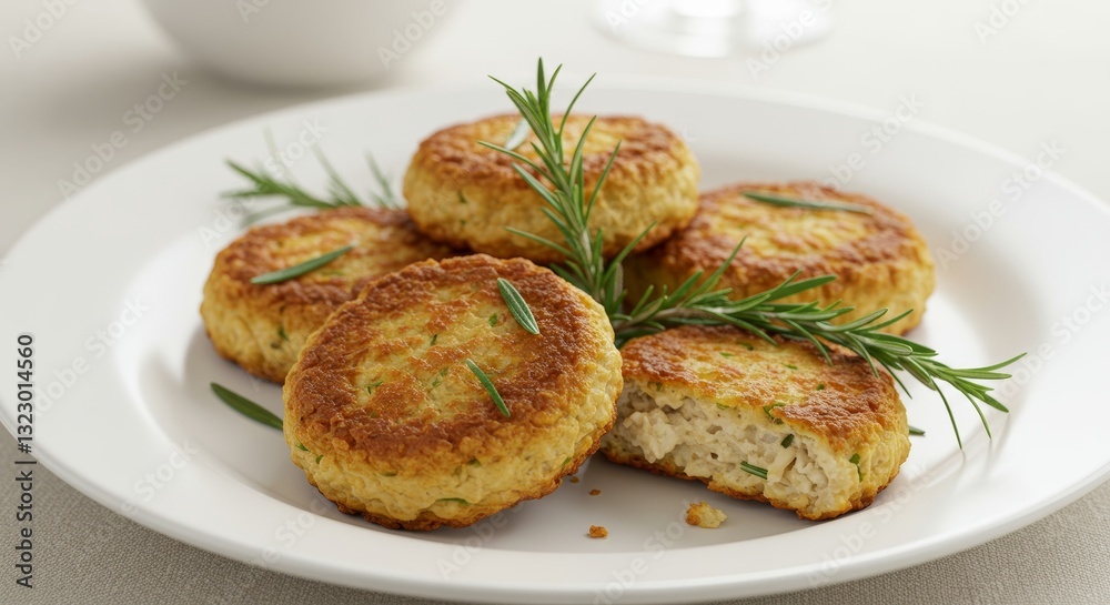 Golden Delights: Culinary art in this photo, presenting a close-up view of crispy golden patties. The focus is on delicious food arranged aesthetically with rosemary. Golden Delights: Culinary art in this photo, presenting a close-up view of crispy golden patties. The focus is on delicious food arranged aesthetically with rosemary.
