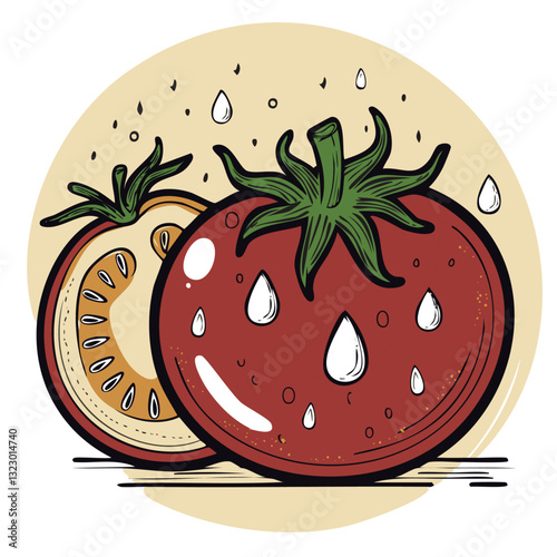 Fresh Juicy Tomato with Water Droplets in a Hand-Drawn Style