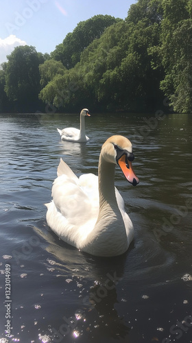Two swans swimming in a peaceful lake with lush green trees.