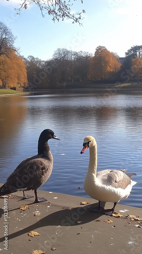 Swan and goose standing by a calm lake with autumn trees in the background.