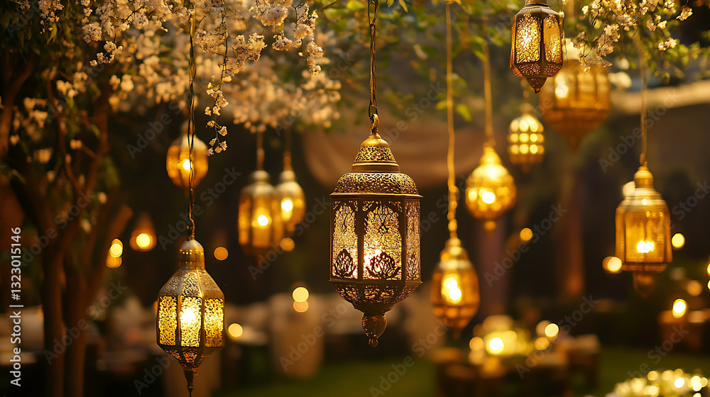 Golden Lanterns Hanging in a Night Garden Golden Lanterns Hanging in a Night Garden